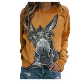 Loose Round Neck Donkey Head Floral Print Long Sleeve Pullover (Option: Yellow-S)