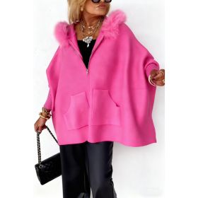 Ins Plush Hooded Cardigan Fashion Warm Pockets Zip-up Knitted Jacket Casual Outerwear Batwing Sleeve Sweater Women's Clothing (Option: Pink-S)