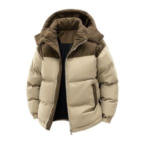 Detachable Hat Cotton-padded Coat For Couple Color Contrast Patchwork Thickened (Option: Khaki-S)