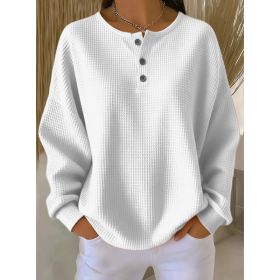 Ins Waffle Long-sleeved T-shirt Fashion Solid Color Buttons Round Neck Pullover Top Women's Clothing (Option: White-S)